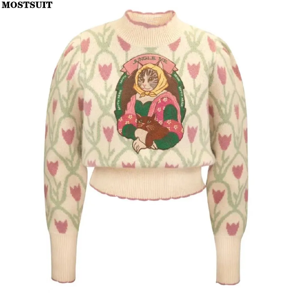 Top Trends: Tulip Jacquard Cartoon Embroidered Sweater For Women Vintage Elegant Stylish Chic Tops 2023 Winter Turtleneck Long Sleeve Jumper Shoppable Styles