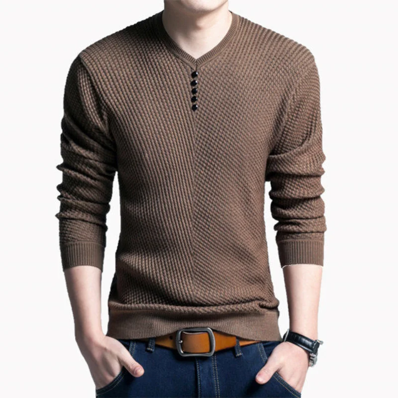 Top Trends: Men Spring And Autumnr New V-Neck Pullover Knitwear Solid Color Plaid Button Splicing Casual Warm Large Size Long-sleeved Tops Shoppable Styles