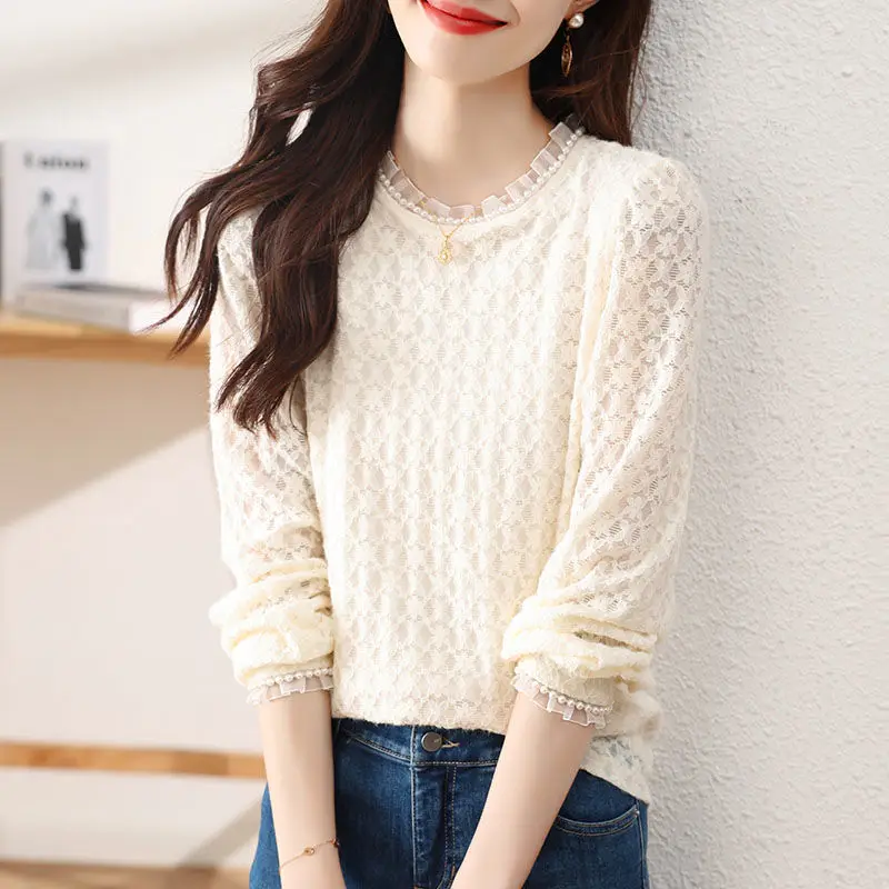 Top Trends: Stylish Lace Jacquard Weave Blouse Spring Autumn Casual Solid Color Women&#039;s Clothing Round Neck All-match Chic Beading Shirt New Shoppable Styles