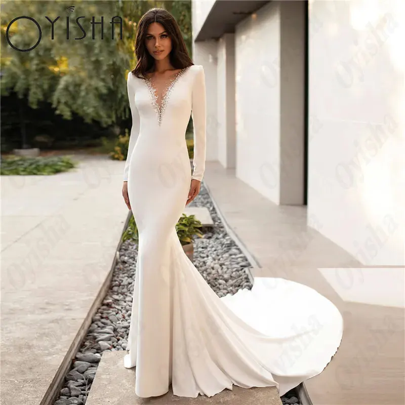 Top Trends: OYISHA Full Sleeves Mermaid Wedding Dresses Elegant Satin V-Neck Bridal Gowns Trendy Appliques Button Simple Vestido De Mariages Shoppable Styles