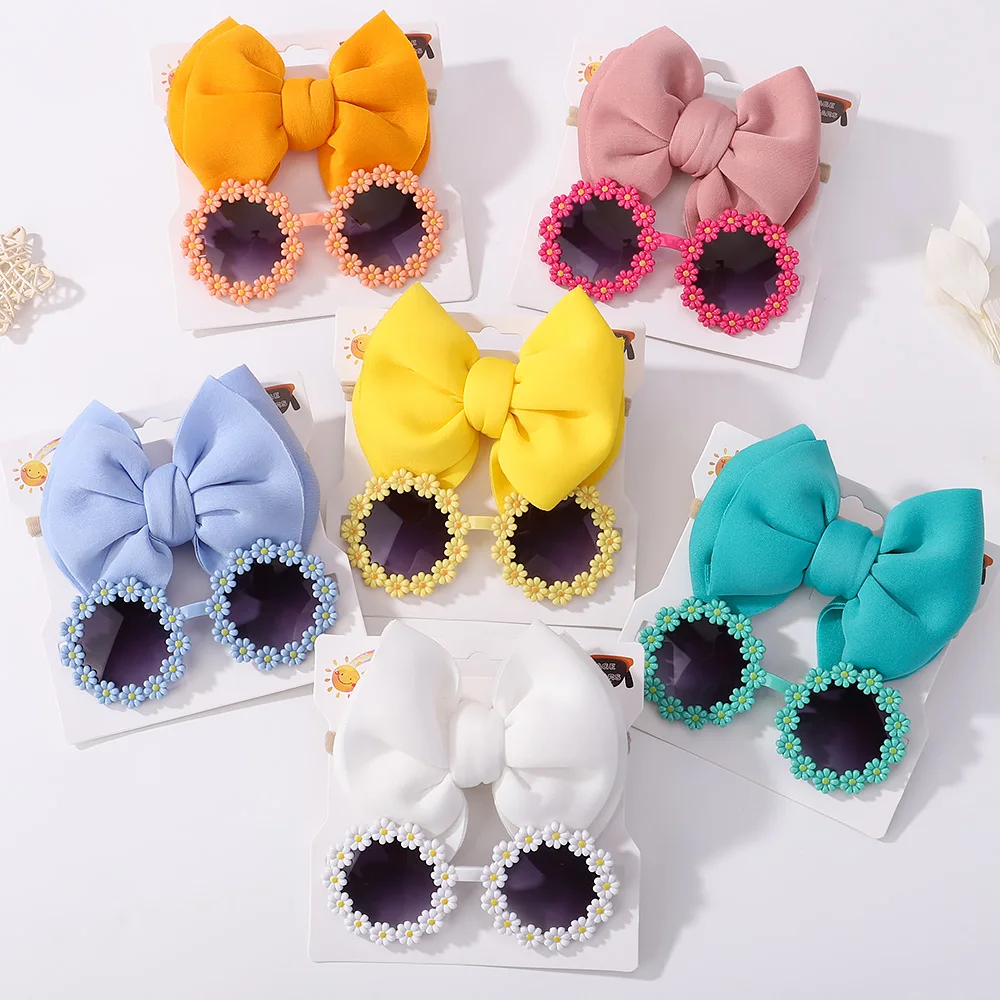 Top Trends: 2 / 3Pcs / set Vintage Kids Summer Bows Headband Round Sunglasses Children Sun Glasses Protection Glasses Baby Hair Accessories Shoppable Styles - Image 2