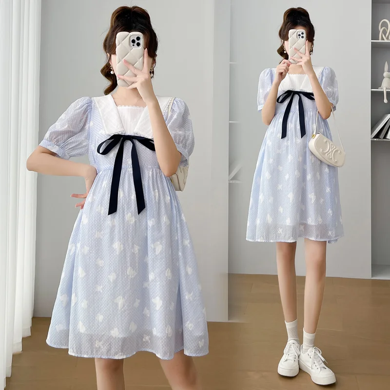 Top Trends: Plus Size Puff Sleeve Square Collar Maternity Floral Dress With Bowknot High Waist Sweet Pregnant Woman Chiffon Dress Wholesale Shoppable Styles