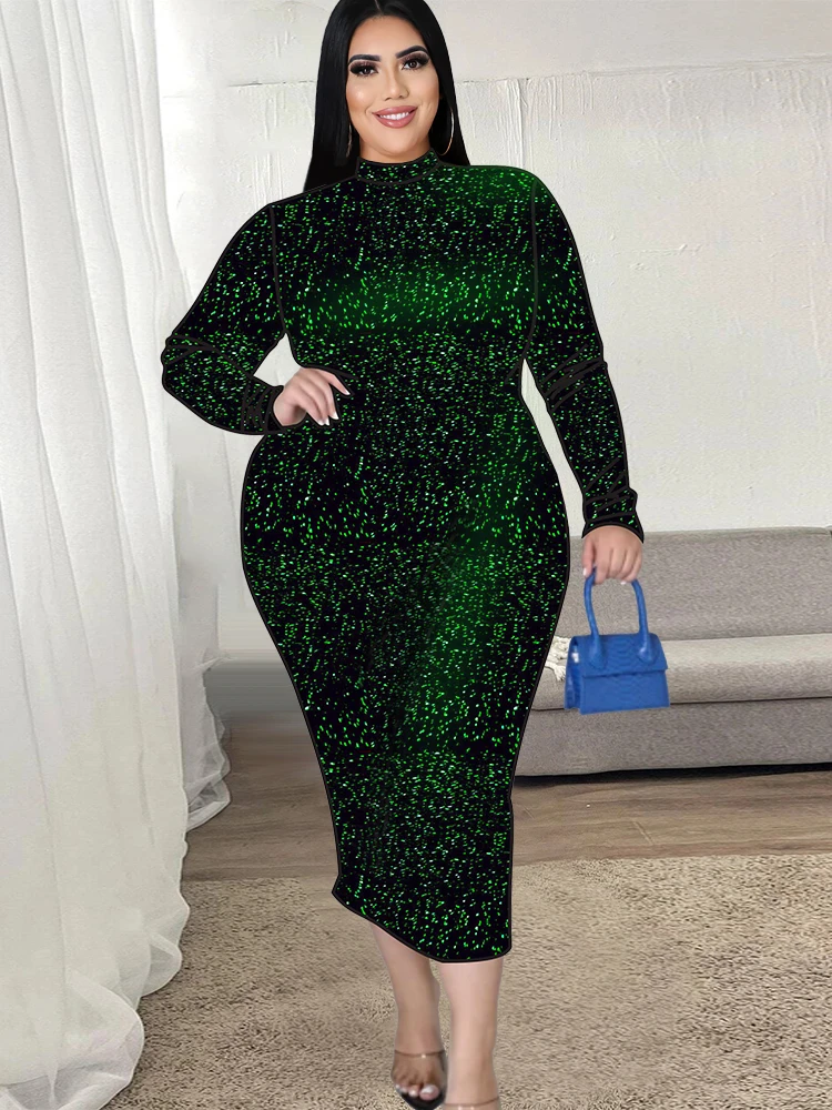 Top Trends: Turtleneck Plus Size Dresses 4XL Women Long Sleeves Sexy Bodycon Sequins Green Blue Christmas Evening Party 2023 Winter Robes Shoppable Styles