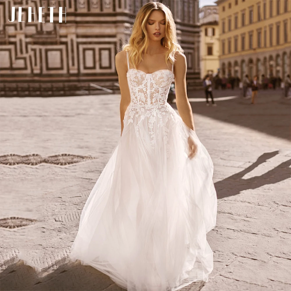 Top Trends: JEHETH Spaghetti Straps Tulle Elegant Wedding Dresses 2023 Sweetheart Appliques Bride Gowns Sweep Beach Bridal Robe De Mariée Shoppable Styles