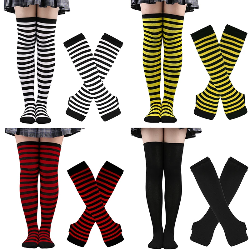 Top Trends: 1 Set Women Girls Over Knee Long Stripe Printed Thigh High Cotton Socks Arm Sleeve Gloves Sweet Cute Plus Size Overknee Socks Shoppable Styles