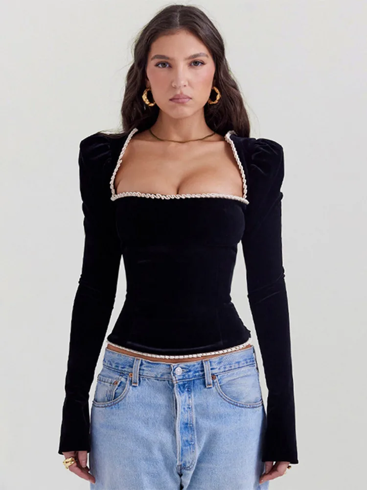 Top Trends: Mozision Square Collar Backless Bandage Sexy T-shirt Women Autumn Winter New Black Shoulder Pad Sleeve Skinny Sexy Party Tops Shoppable Styles - Image 2