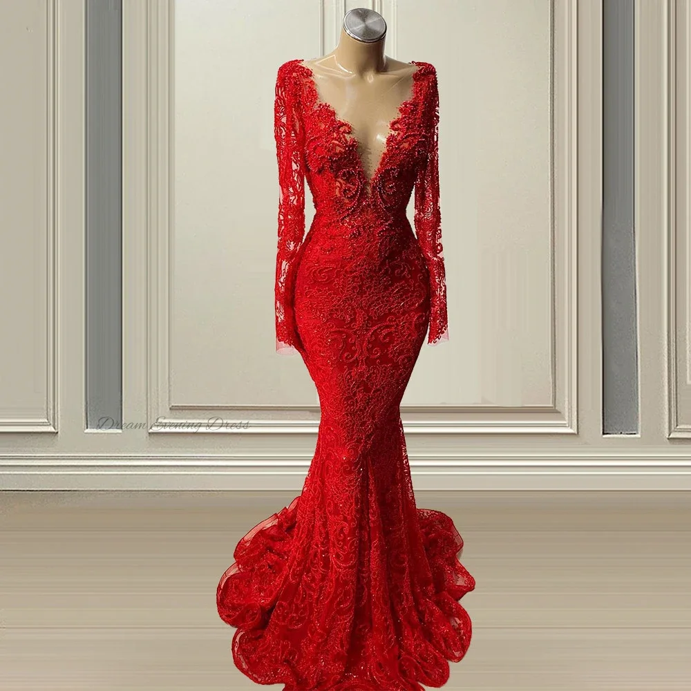 Top Trends: Dream Evening Dress Elegant Deep V-Neck Long Sleeves Buffle Red Porm Dresses Mermaid Applique Beaded Party Gowns For Women Shoppable Styles