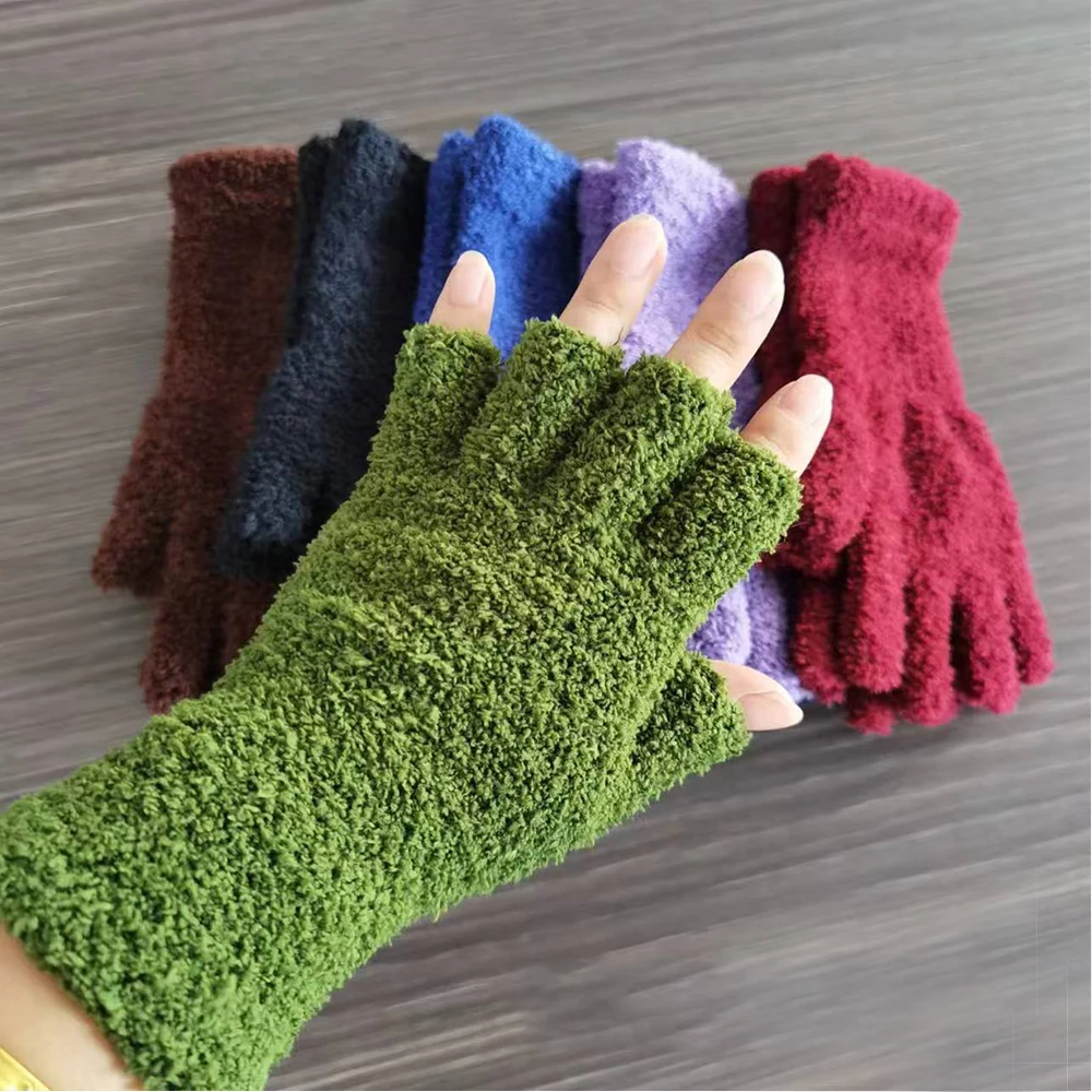 Top Trends: 1Pair Half Finger Fingerless Gloves Men's And Women's Winter Warm Solid Color Knitted Half-finger Woolen Outdoor Mittens Shoppable Styles