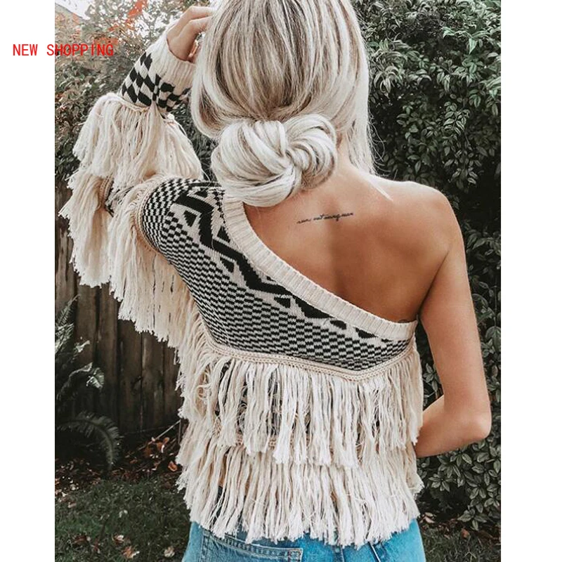 Top Trends: Women Fashion One Shoulder Sweater White Vintage Fringed Knitted Sweaters Sexy Loose Long Sleeve Tassel Pullover Tops Knitwear Shoppable Styles