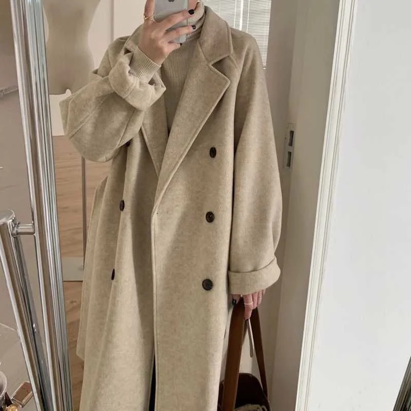 Top Trends: 2023 Autumn And Winter New Korean Version Loose Tie Fashion Temperament Double-breasted Thickened Long Woolen Coat Women Shoppable Styles