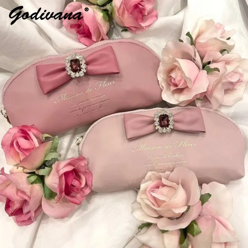 Top Trends: Japanese Style Cute Bow Rhinestone Pencil Case Small Clutch Women Girls Cosmetic Bag Mini Pink Pencil Bag Key Wallets Shoppable Styles