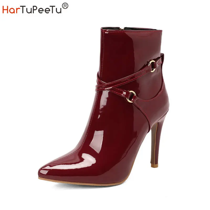 Top Trends: Winter High Heels Boots Women Ankle 2023 New Glossy Patent Leather Stilettos Pointed Toe Cross Bandage Zip Plus Size 34-50 Shoes Shoppable Styles