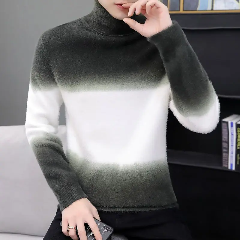 Top Trends: Fashion Turtleneck Knitted Spliced Loose Gradient Sweater Men&#039;s Clothing 2023 Autumn New Casual Pullovers All-match Warm Tops Shoppable Styles