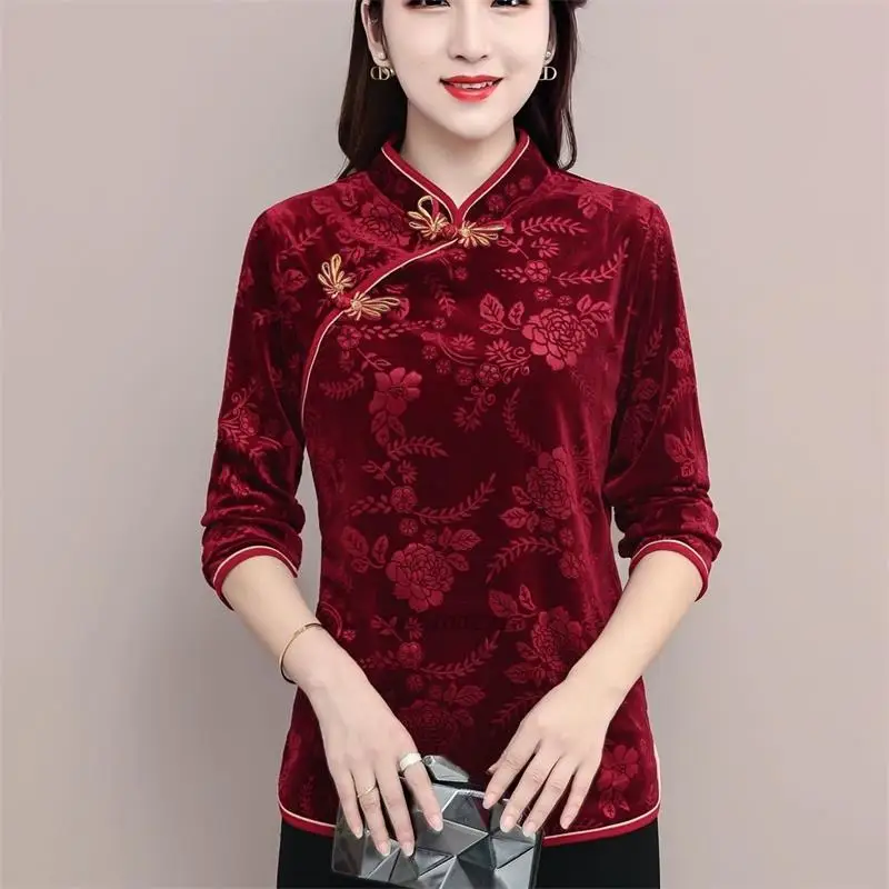 Top Trends: 2024 Chinese Traditional Velvet Qipao Blouse Camisa Daily Tang Suit Cheongsam Qipao Women Retro Jacquard Shirt Chinese Blouse Shoppable Styles