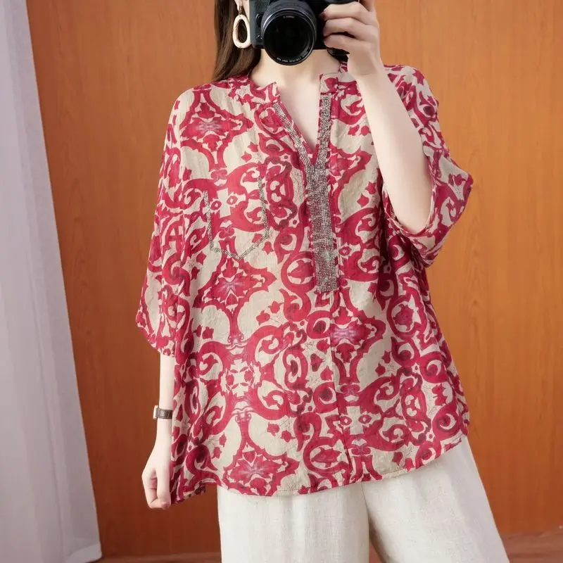 Top Trends: Classic Vintage Printing V-neck Loose Women's Clothing 2023 New Chic Korean New Style Simple Diamonds Half Sleeve Blouses Toop Shoppable Styles