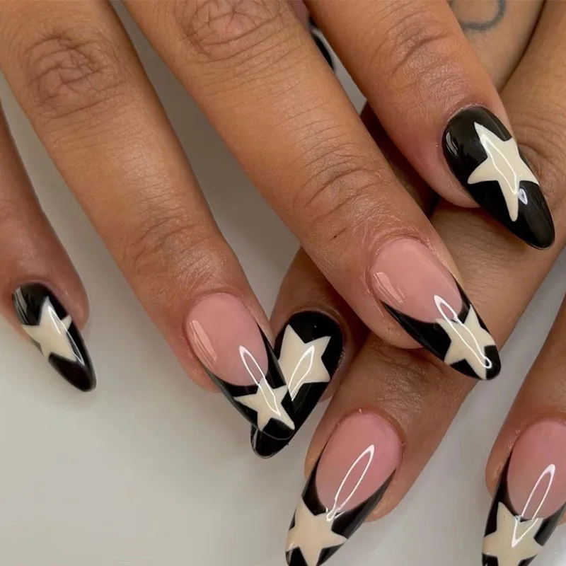 Top Trends: 24pcs / box Fake French Y2k Nails Press On Long Stiletto Almond Shape Wearable False Nails With Stars Designs Full Cover Nail Tips Shoppable Styles