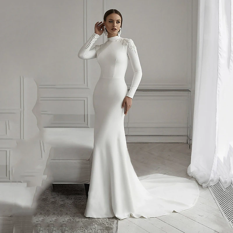 Top Trends: Simple Lace Mermaid Wedding Dresses Long Sleeve High Neck Muslim Bride Dress Satin Wedding Gowns 2023 Vestido De Noiva Shoppable Styles