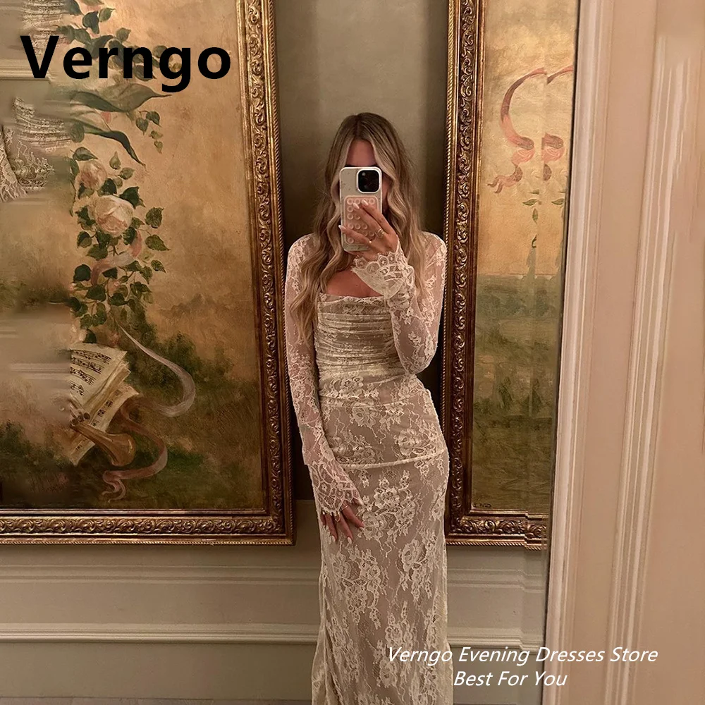 Top Trends: Verngo Lace Long Sleeves Party Dresses Square Collar Elegant Prom Dress Sexy Mermaid Formal Dress Lace Up Outfits Shoppable Styles