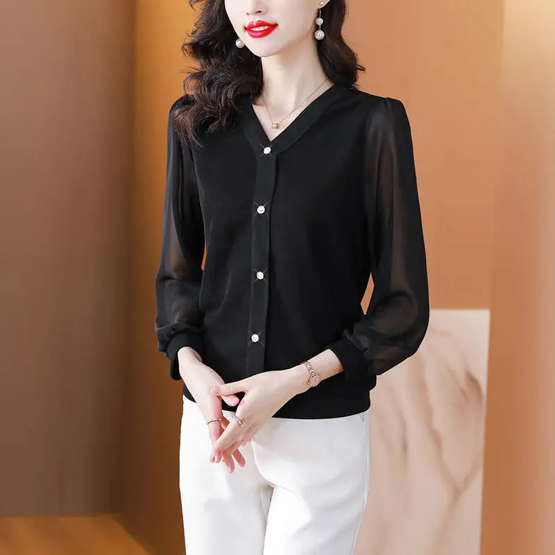 Top Trends: Korean Women Spring Summer Long Sleeve Chiffon Shirt Black V-neck Loose Fashion Casual Versatile Office Lady Elegant Blouse 2023 Shoppable Styles