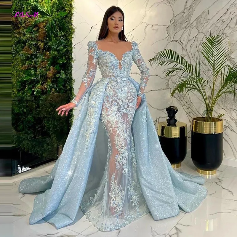 Top Trends: Luxury Lace Appliques 3D Flowers Mermaid Prom Dresses With Detachable Train Long Sleeve Arabic Evening Dress Wedding Party Gowns Shoppable Styles