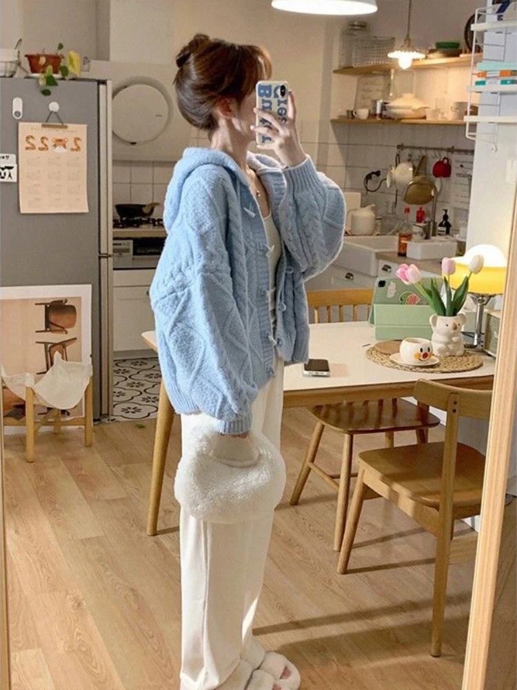 Top Trends: Deeptown Harajuku Blue Knitted Cardigan Women Vintage Hooded Cropped Sweater Sweet Loose Casual Knitwear Y2K Tops Korean Fashion Shoppable Styles - Image 4