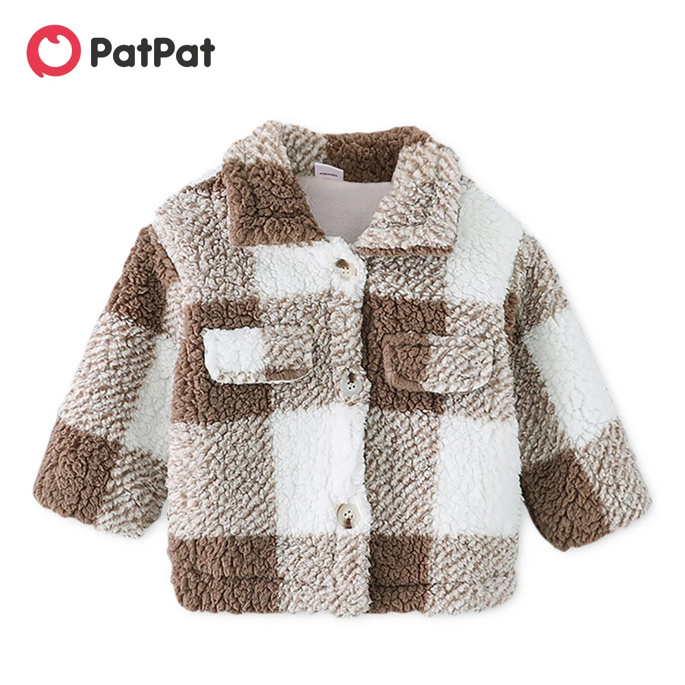 Top Trends: PatPat Toddler Girl / Boy Coat Outwear Plaid Lapel Collar Button Design Coat Khaki Plaid Fluffy Baby Lapel Long-sleeve Jumpsuit Shoppable Styles