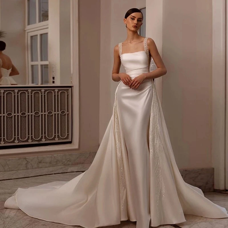 Top Trends: Luxury Empire Wedding Dresses Beaded Square Collar Smooth Pleat Satin Detachable Train Ball Gowns Mermaid Formal Bridal Party Shoppable Styles