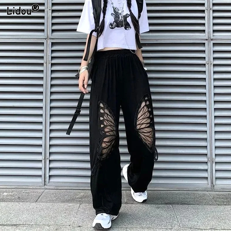 Top Trends: Women's Clothing 2023 Solid Color Spring Summer Thin Casual Sweet Hollow Out Loose High Waist Patchwork Fashion Wide Leg Pants Shoppable Styles