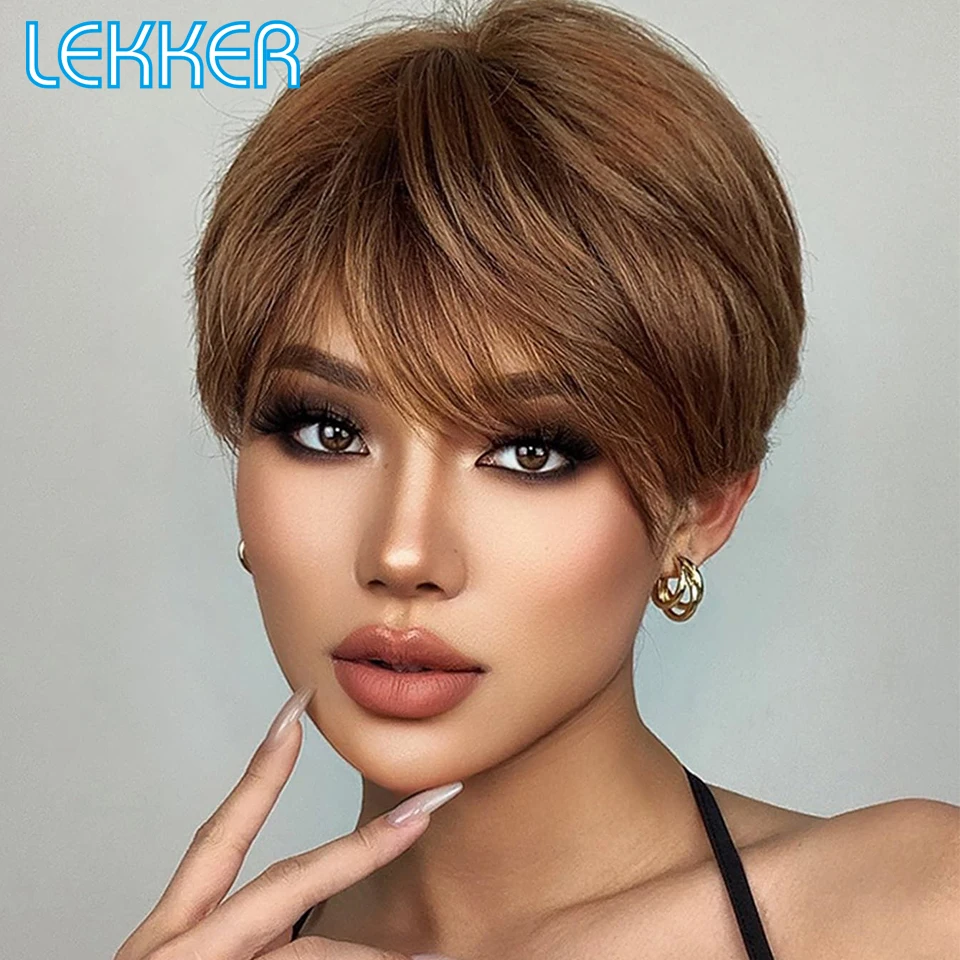 Top Trends: Lekker Wear And Go Golden Blonde Straight Short Pixie Cut Bob Human Hair Wig With Bangs For Women Brazilian Remy Hair Easy Wigs Shoppable Styles