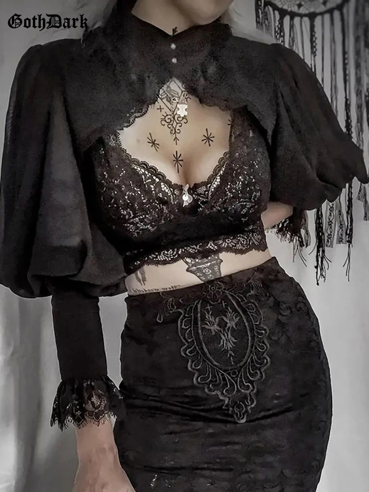 Top Trends: Goth Dark Vintage Gorgeous Mall Gothic Palace Crop Blouses Women Grunge Black Elegant Alt Shirts Turtleneck Emo Lace Trim Tops Shoppable Styles