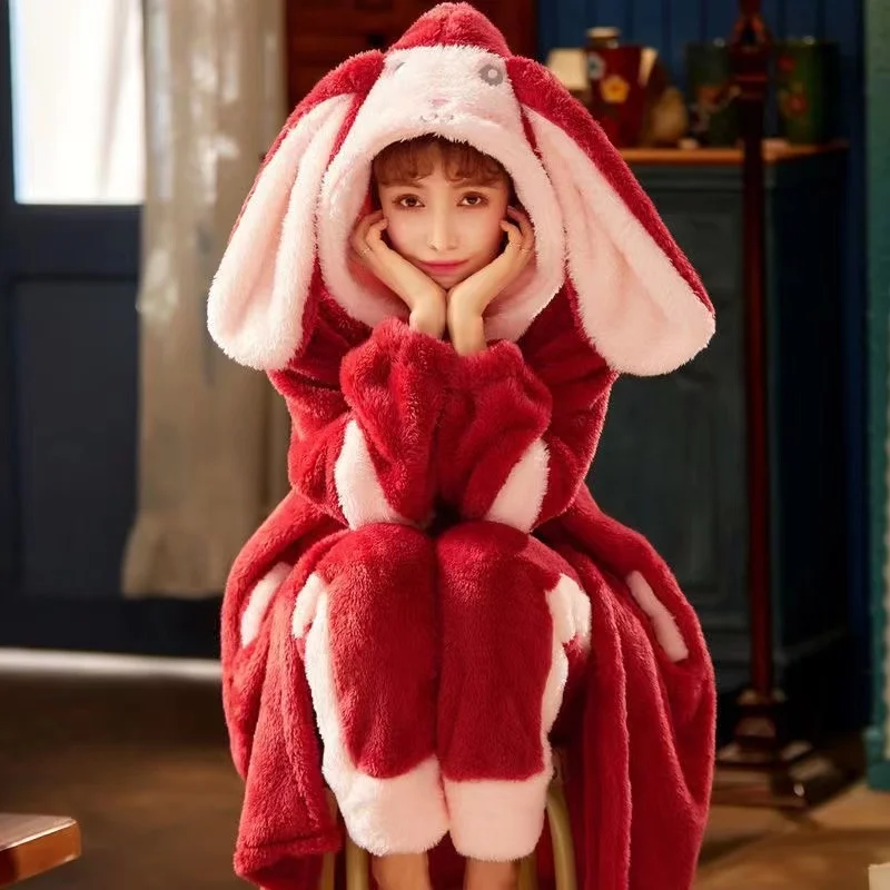 Top Trends: Autumn Winter Flannel Warm Pajamas Set Women Bunny Ears Hooded Pyjamas Thicken Warm Female Homewear Pijamas Shoppable Styles