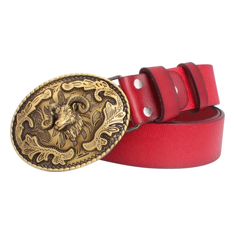 Top Trends: Fashion Belt Sheep Argali Golden Ram Head Buckle Cowskin Leather Goat Pattern Heavy Metal Rock Style Accessories Shoppable Styles - Image 6