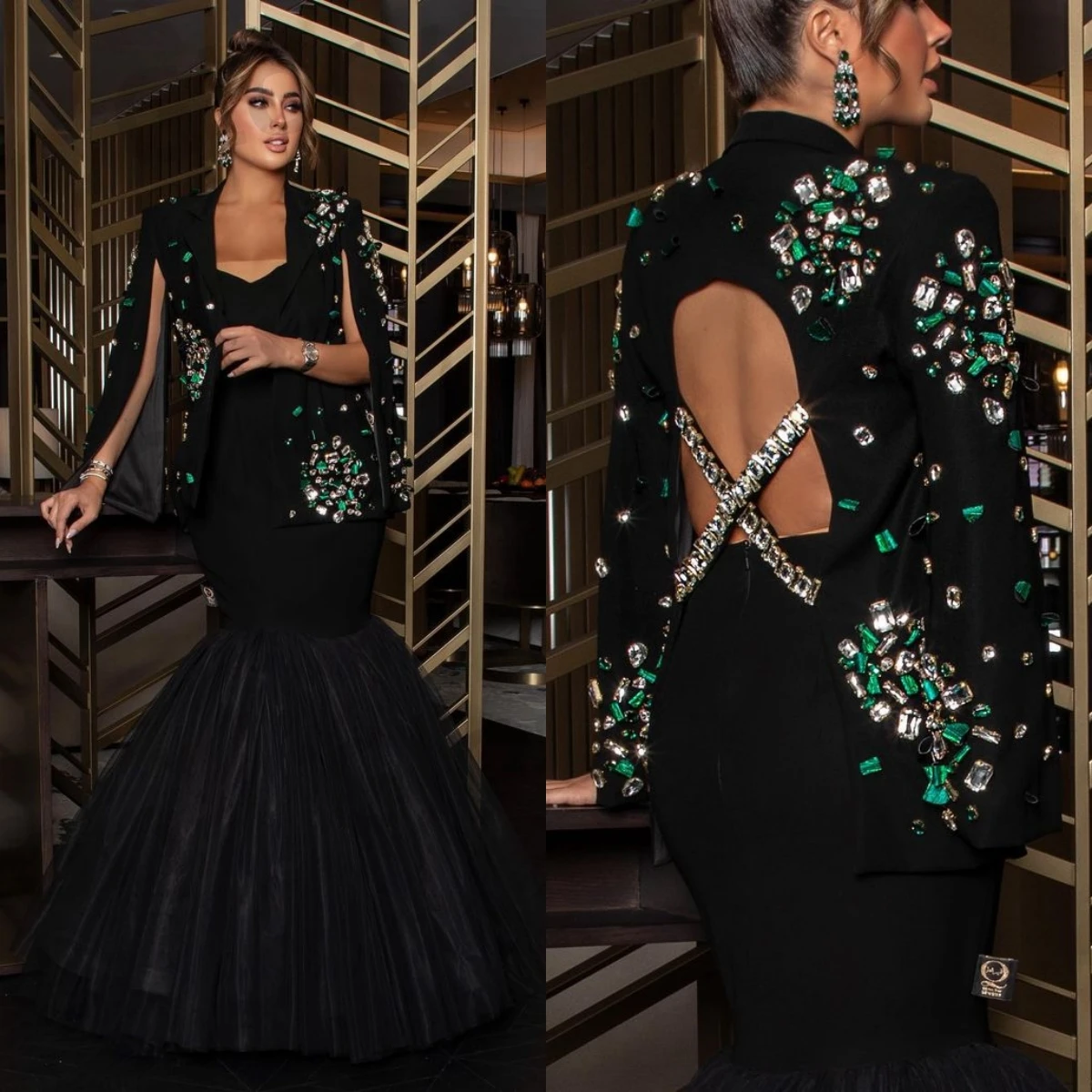 Top Trends: Arabia Luxury Evening Dresses Green Crystal Beads Mermaid Jacket Floor-Length Backless Formal Occasion Wedding Party Gowns Shoppable Styles