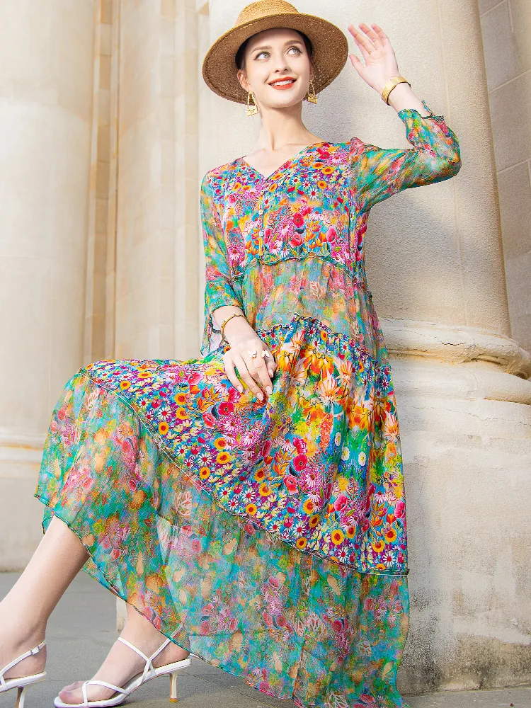 Top Trends: High Quality Summer 2024 Beach Boho Vintage Print Silk V Neck Dress Elegant Party Robe Designer Vestidos Loose Midi Dresses Shoppable Styles