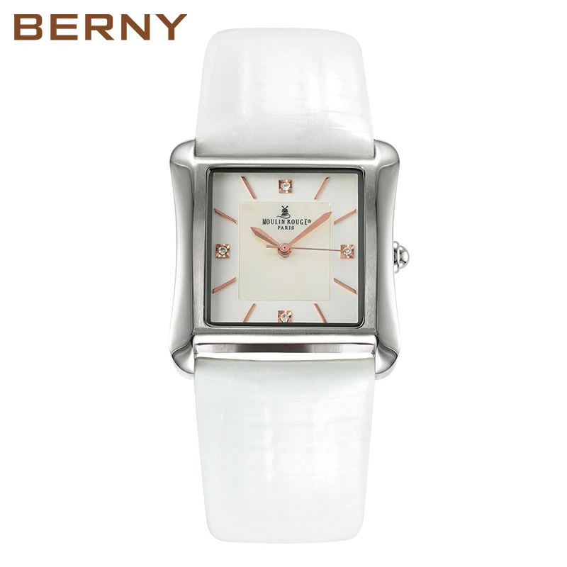 Top Trends: BERNY Genuine Leather Strap Square Women Quartz Watch Ladies Wristwatch Waterproof Gemstone Dial Shell Pattern Shoppable Styles