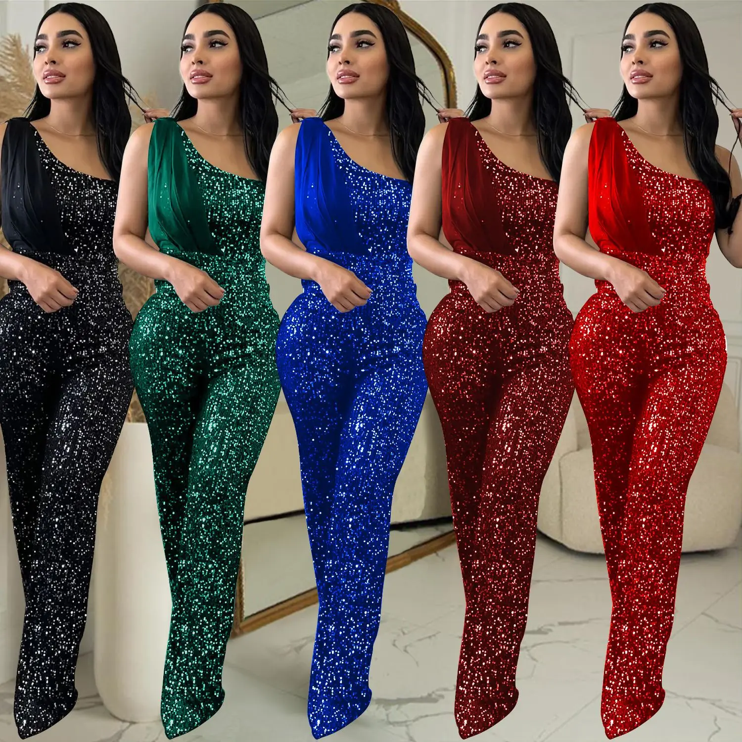 Top Trends: Sequin Luxury Street Jumpsuit Women Sleeveless Sexy Club One Piece Outfit Solid Straight Pant Female Fashion Party Jumpsuit Shoppable Styles