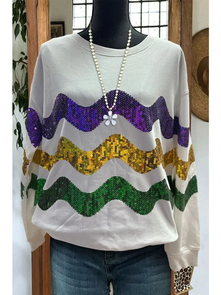 Top Trends: Wavy Sequins Mardi Gras Sweatshirt Mardi Gras Sequin Wave Pullover Shoppable Styles