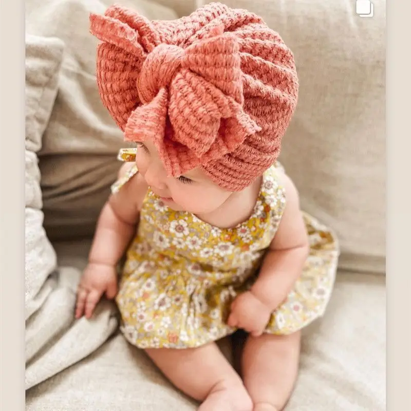 Top Trends: 1pc Big Waffle Knitted Bows Turban Baby Toddler Babes Head Wraps Girls Boys Beanies Caps Infant Hair Accessories Kids Headwear Shoppable Styles