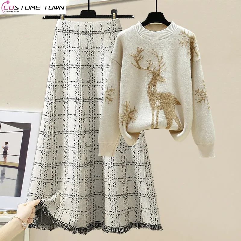 Top Trends: Large Women's Autumn And Winter Set 2023 New Christmas Deer Versatile Sweater Women's Slim Half Skirt Two Piece Set Shoppable Styles