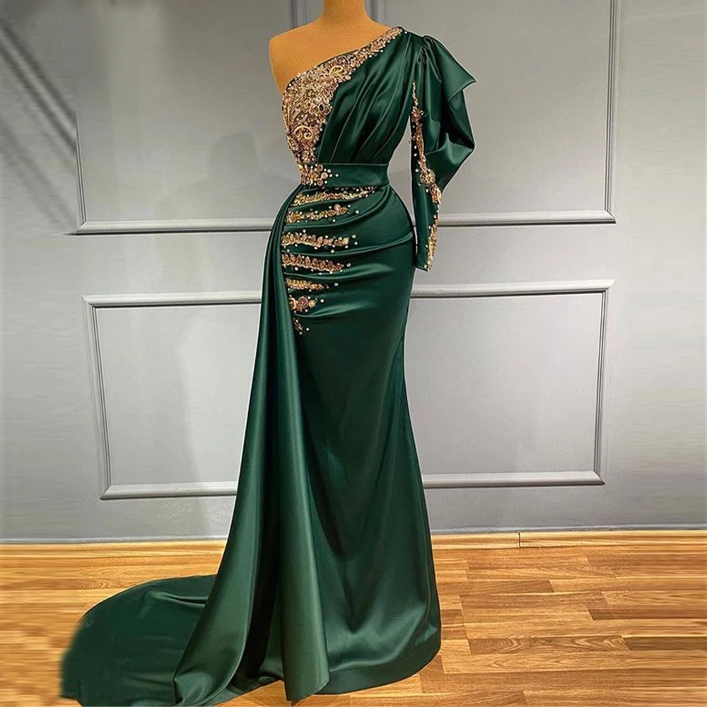 Top Trends: Dark Green Satin Mermaid Evening Dresses Applique Beads Pleats One Shoulder Long Prom Gowns Dubai Women Formal Dress فساتين السه Shoppable Styles