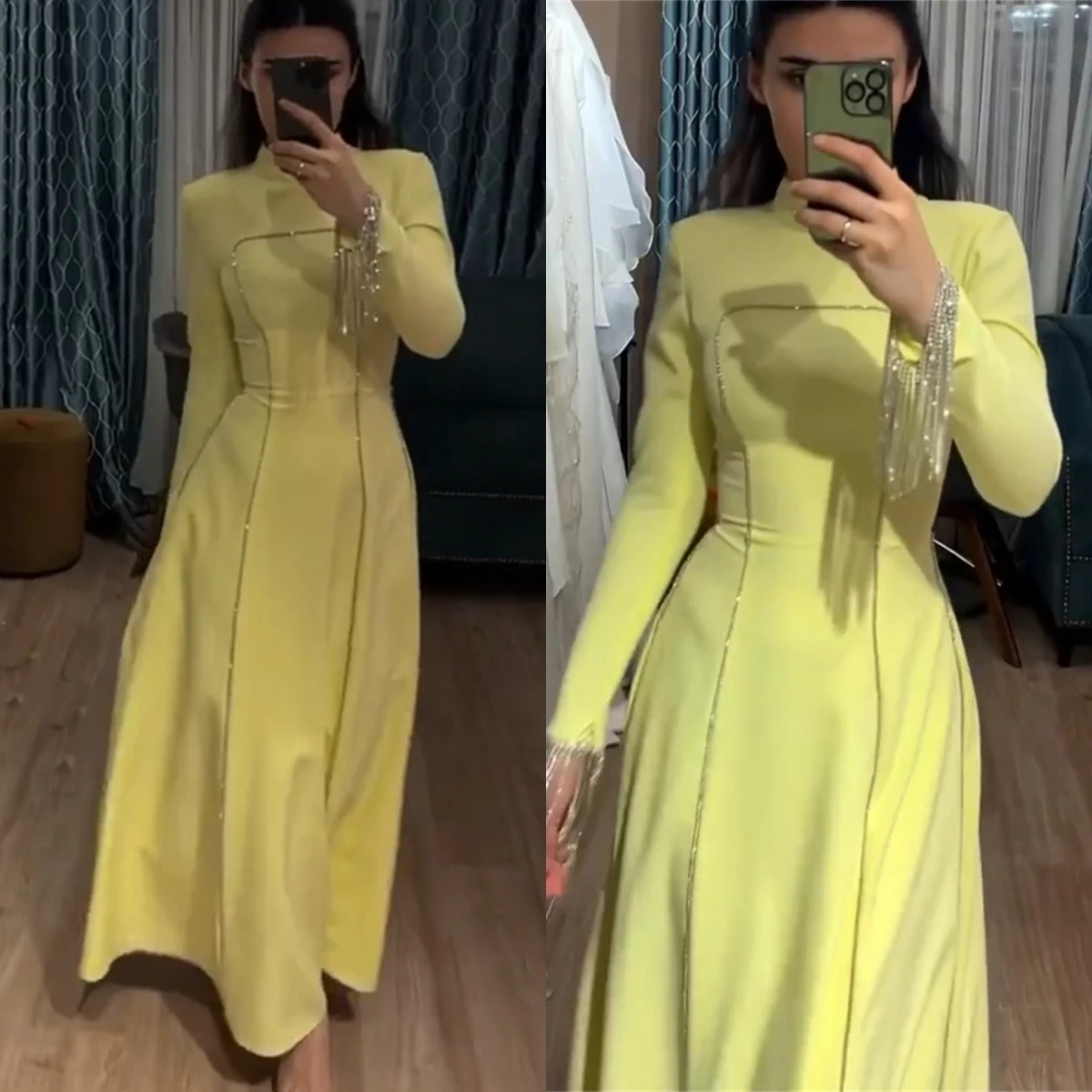 Top Trends: Fashionvane Ankle Length Saudi Arabia Party Long Sleeves Prom Dresses High Collar Tassels Evening Dress A Line Birthday Gowns Shoppable Styles