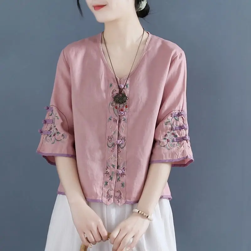 Top Trends: Retro Embroidered Knot Button Cotton Shirt Womens 2023 Summer New Chinese Zen Tea Gown Loose Short V-neck Top Shoppable Styles