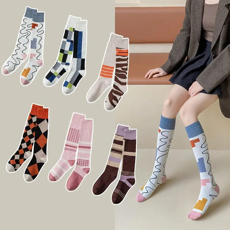 Top Trends: Ins Pure Cotton Alphabet Rhombus Over The Knee Socks Korean Version Of Cotton Socks Fashion Trend Socks Shoppable Styles