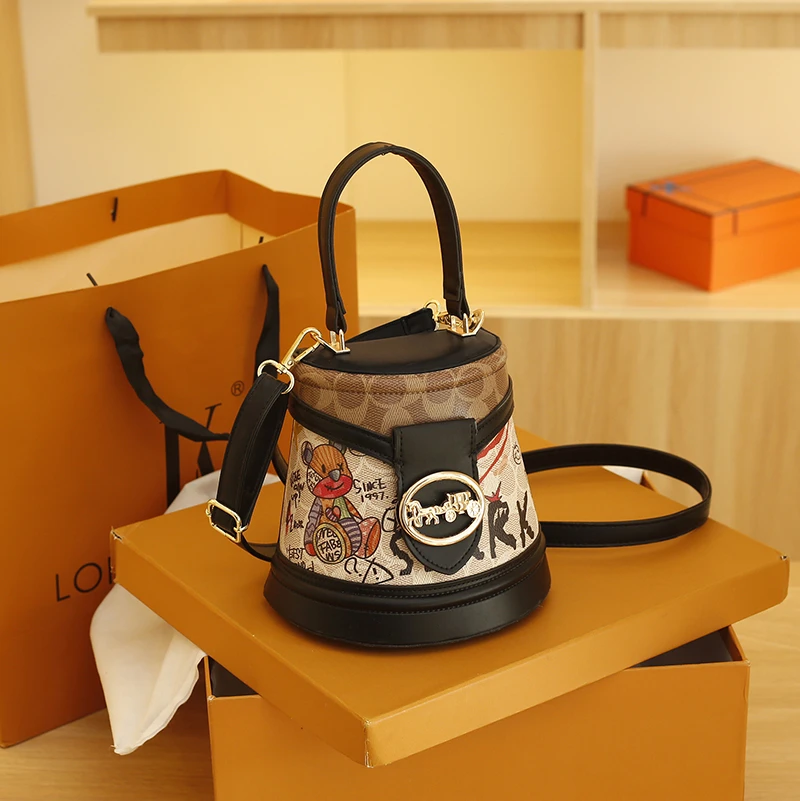 Top Trends: Women's Fashion Bags 2023 Graffiti Bucket Bag Luxury Designer Handbag White Black Brown Pu Leather Purses And Handbags Shoppable Styles