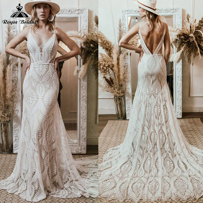 Top Trends: Vestido Bohemian Wedding Dress V Neck Lace Boho Spaghetti Straps Backless Beach Bridal Gowns Vestido De Novia Roycebridal 2024 Shoppable Styles