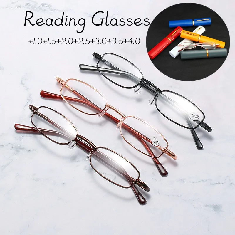 Top Trends: Unisex Mini Folding Reading Glasses Retro Alloy Portable Presbyopia Pen Glasses With Box Men Women Vintage Far Sight Eyeglasses Shoppable Styles