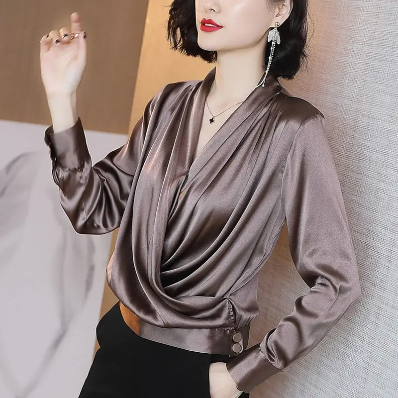 Top Trends: Elegant V-Neck Solid Color Button Folds Satin Blouse Women's Clothing 2022 Autumn New Casual Pullovers Loose Office Lady Shirt Shoppable Styles