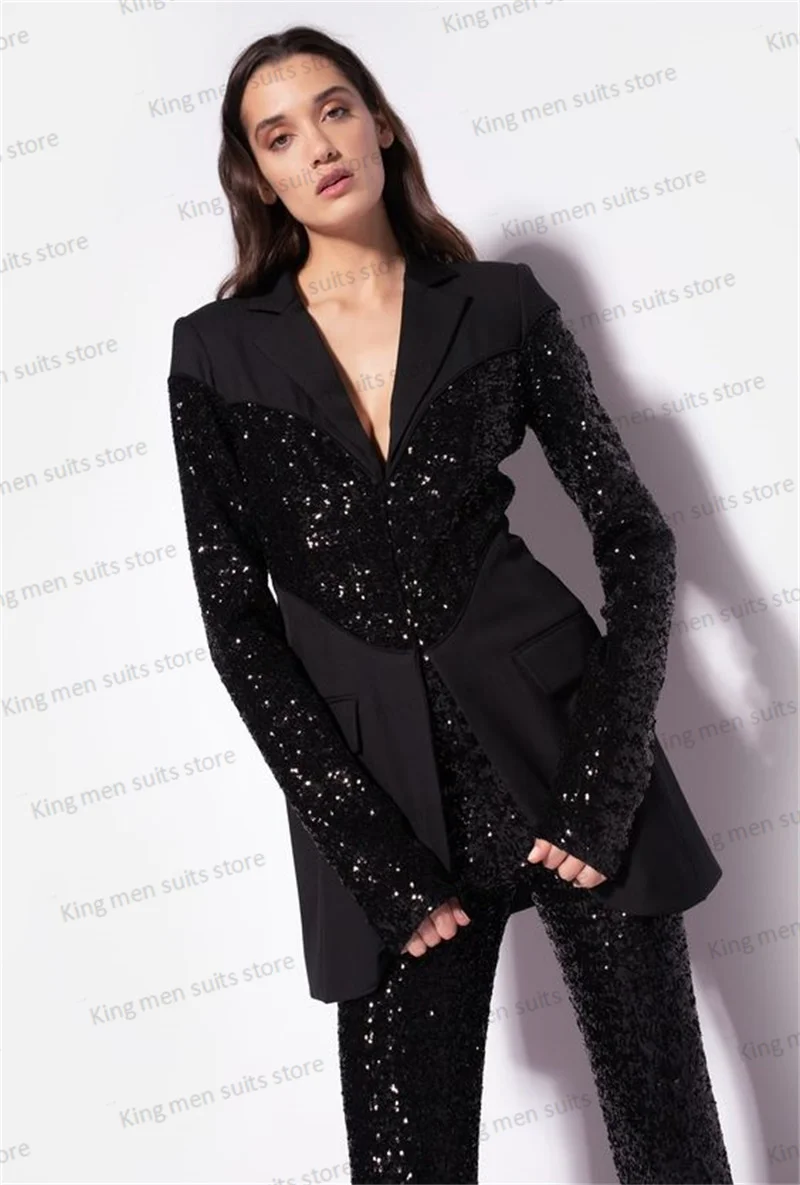 Top Trends: Black Sequins Women Pants Suits Set Blazer+ Straight Trousers Prom Dress Formal Office Lady Patchwork Fabric 2 Pieces Custom Made Shoppable Styles