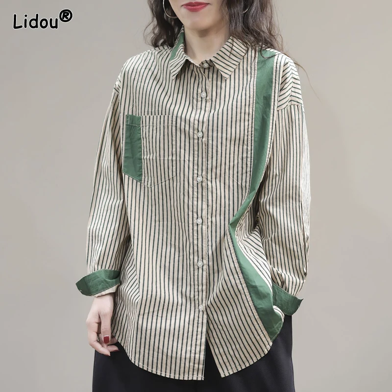 Top Trends: 2023 Spring And Autumn Fashion Commuting Simplicity Casual Art Flip Collar Stripe Blocked Loose Oversized Women&#039;s Shirt Shoppable Styles