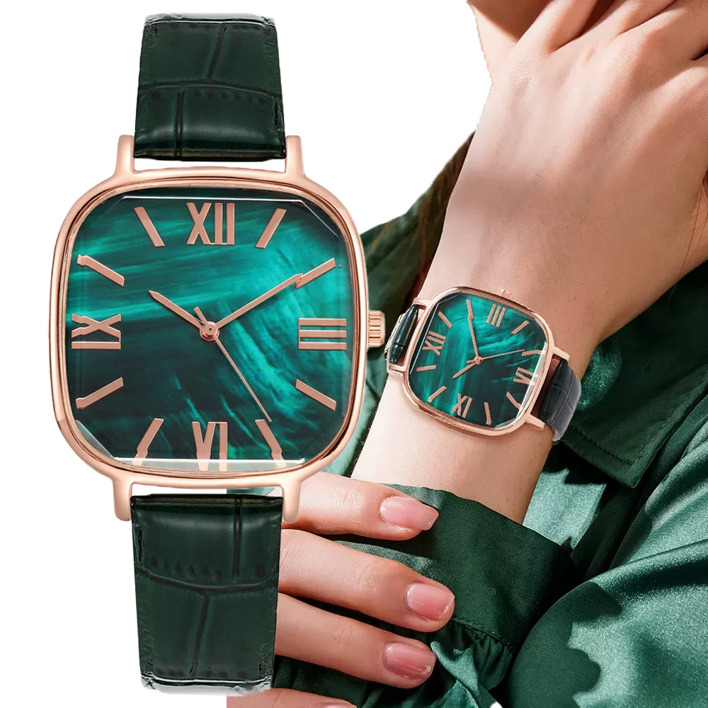 Top Trends: Luxury Ladies Brand Watches Fashion Square Emerald Green Rome Design Women Quartz Watch Leather Strap Bracelets Female Clock Shoppable Styles